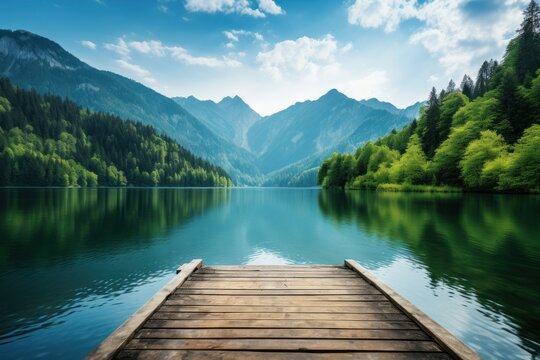 Breathtaking view from wooden dock of serene lake nestled amidst vibrant greenery and towering mountains. © Dzmitry