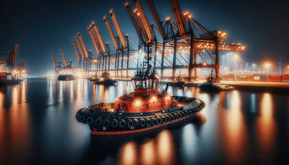 night picture of a harbor with a tugboat in the foreground - obrazy, fototapety, plakaty