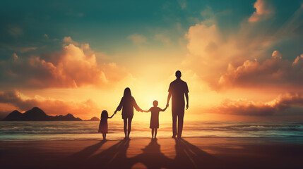 Family Silhouette Against Sunset Beach