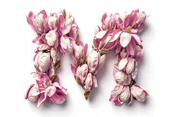 3d modern style letter  m  made from magnolia flowers isolated on white background