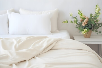 Inviting white bed with blanket, pillows, and greenery in a bright bedroom