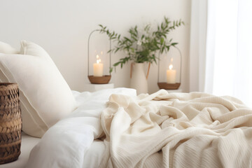 Fototapeta na wymiar Tranquil white bed with blanket and pillows in bright, cozy bedroom setting
