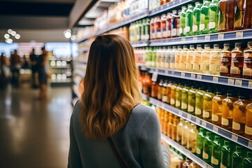 Informed consumer behavior: woman comparing products in grocery store