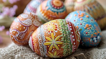  a group of colorful painted eggs sitting on top of a burlock of burlock of burlock of burlock of burlock.