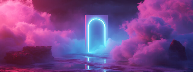 a doorway in a 3d fantasy scene with smoke and neon l
