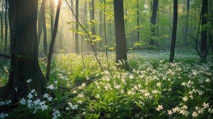  the sun shines through the trees and flowers in a forest filled with wildflowers and other wildflowers.