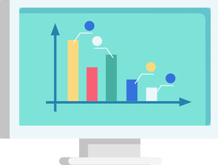 Computer monitor displaying bar graph with abstract figures analyzing data. Business analytics and performance growth concept vector illustration.