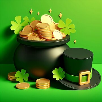 3d render of black pot full of gold coins and leprechaun hat in Vector Illustration social media poster with Background design with space for copy created with generative ai