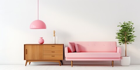 Modern living room with a retro pink ceiling lamp, wooden sideboard, and empty white wall - perfect for your sofa.