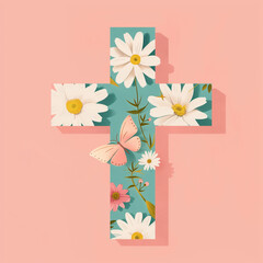 Fun Trendy Vibrant Teal Floral Cross Greenery Faith Background