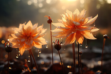 Silhouettes of flowers against the background of nature, flooded with sunlight. Generative AI