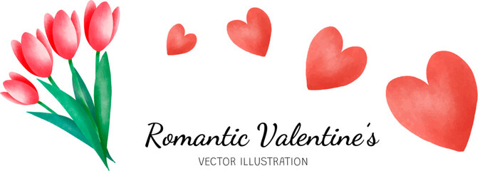 Romantic Tulips Bouquet and Hearts Illustration Clip Art pack