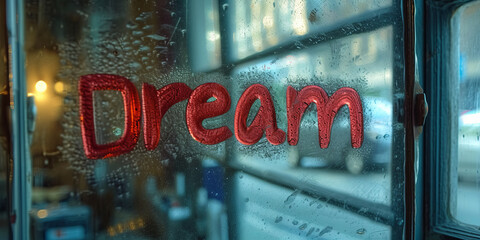 Psychedelic Dream - Illustration of the word 'Dream' written on a mirror with lipstick Gen AI - 725075936