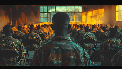 Amidst a sea of diverse faces, a soldier stands out in his crisp uniform, captured in a still moment on a digital screen - obrazy, fototapety, plakaty