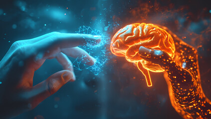 A person's gentle touch on a human brain, exploring the complexities of the mind