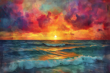 Fototapeta premium A stunning acrylic painting captures the vibrant hues of a sunset over the ocean, with wispy clouds and the calming presence of water, bringing the beauty of nature to life through art