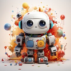 Stylized cute character 3d robot illustration, concept art, painting. Robotics for children, robot programming, robotics courses, IT technologies of the future. Cartoon robot toy print, poster. Toys.