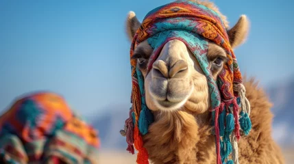   Cute portrait of a camel in the desert in Egypt. Tour to Egypt, summer trip, camel riding, vacation. Travel agency, sale of vouchers, discounts on vouchers. Portrait of a llama. Cute funny animals. © Nataly G