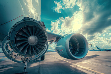 Aircraft jet engine close-up, airplane wing and chassis of landing gear wheel parked at the airport on a sky clouds background 