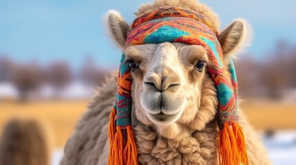 
Cute portrait of a camel in the desert in Egypt. Tour to Egypt, summer trip, camel riding, vacation. Travel agency, sale of vouchers, discounts on vouchers. Portrait of a llama. Cute funny animals.