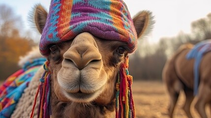 
Cute portrait of a camel in the desert in Egypt. Tour to Egypt, summer trip, camel riding, vacation. Travel agency, sale of vouchers, discounts on vouchers. Portrait of a llama. Cute funny animals.