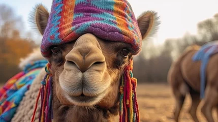 Poster  Cute portrait of a camel in the desert in Egypt. Tour to Egypt, summer trip, camel riding, vacation. Travel agency, sale of vouchers, discounts on vouchers. Portrait of a llama. Cute funny animals. © Наталия Горячих