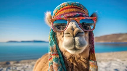 Deurstickers  Cute portrait of a camel wearing sunglasses. Tour to Egypt, summer trip, camel riding, vacation. Travel agency, sale of vouchers, discounts on vouchers. Portrait of a llama. Cute funny animals.  © Наталия Горячих