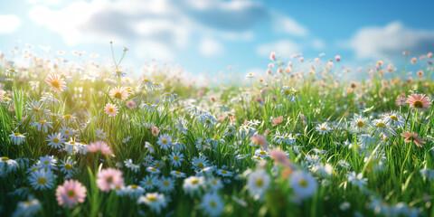 Wildflowers in a sunny meadow with blue sky. Springtime landscape and nature concept. Design for eco-friendly products. Banner with copy space.