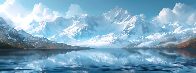 a lake in front of snowy mountains in