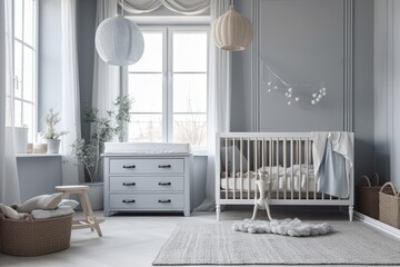 Grey infant room with a white dresser and crib