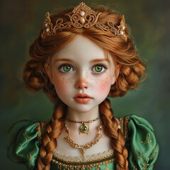 A doll-like girl with striking green eyes and intricate braided red hair, wearing a regal crown and vintage lace dress, embodies elegance and fantasy.