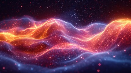 Obraz premium a computer generated image of a wave of orange and blue light on a black background with stars in the sky.