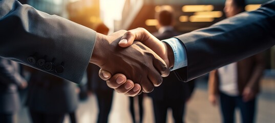 Close up of business people negotiating contract and shaking hands in agreement during a meeting - obrazy, fototapety, plakaty