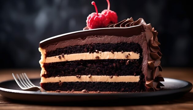 Chocolate cream cake with cherries macro close-up 