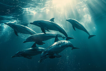 Fototapeta premium Graceful marine mammals, with sleek fins and playful nature, glide through the underwater world alongside schools of fish, as a group of dolphins explores the depths of the ocean in this stunning dep