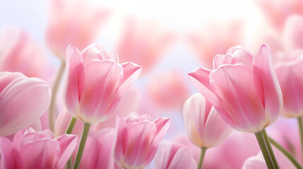 Kwiatowe różowe minimalistyczne tło na życzenia z okazji Dnia Kobiet, Dnia Matki, Dnia Babci, Urodzin czy pierwszego dnia wiosny. Szablon na baner lub mockup z tulipanami.  - obrazy, fototapety, plakaty