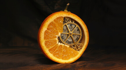 A sliced orange containing clock work pieces
