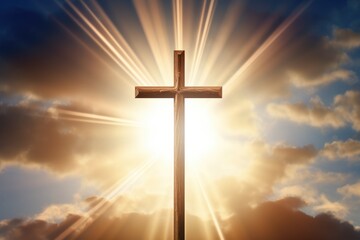 Christian cross with heavenly sunshine behind. Blue sky with clouds and sun rays. Symbol of Christianity. AI Generated 