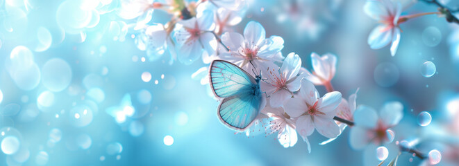Fototapeta na wymiar Butterfly on cherry blossoms with bokeh lights on a blue background. Springtime nature and wildlife concept. Design for greeting card, invitation, banner, poster. Macro shot with copy space.