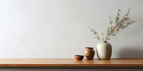 Simplistic Japanese-style kitchen interior with a cozy counter and decorative vase plant.