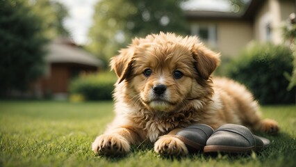 A playful puppy on a lush lawn beside its owner's slipper, capturing the endearing innocence of a loyal companion enjoying a sunny day.