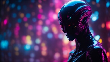 An otherworldly depiction of a female alien against a vibrant neon backdrop, evoking a sense of mystery, futurism, and cosmic allure