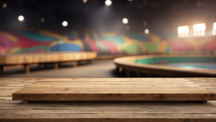 Empty wooden table with blurry skateboard arena background - obrazy, fototapety, plakaty
