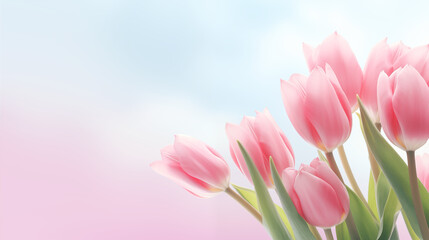 Kwiatowe różowe minimalistyczne tło na życzenia z okazji Dnia Kobiet, Dnia Matki, Dnia Babci, Urodzin, Walentynek czy pierwszego dnia wiosny. Szablon na baner lub mockup z tulipanami.  - obrazy, fototapety, plakaty