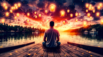 Man sitting on dock in front of lanterns floating in the air.