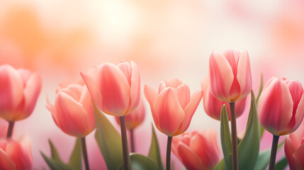 Kwiatowe minimalistyczne czerwone tło na życzenia z okazji Dnia Kobiet, Dnia Matki, Dnia Babci, Urodzin czy pierwszego dnia wiosny. Szablon na baner lub mockup z tulipanami.  - obrazy, fototapety, plakaty