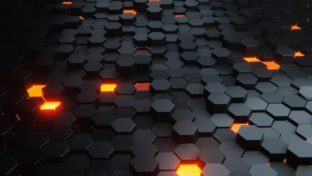 Abstract futuristic surface concept with hexagons. Trendy sci-fi technology background with hexagonal pattern. Minimal hexagonal grid pattern animation in fire orange glow. 3D Render, loop.