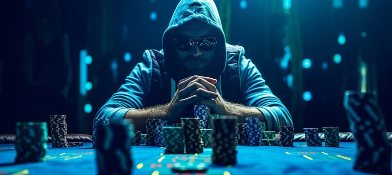 Hooded poker player at casino tournament, gambling with cards and chips at night with copy space