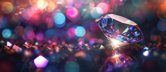 Beautiful crystal diamond with sparkling light on bokeh blur background. AI generated image - obrazy, fototapety, plakaty