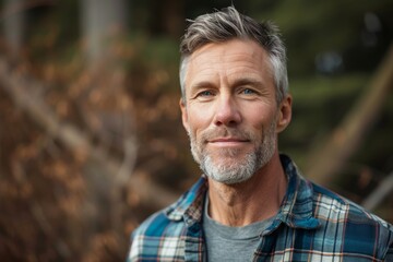 Rustic studio portrait of a middle-aged man in a flannel shirt, embodying a rugged, outdoorsy lifestyle, against a natural, woodsy background - obrazy, fototapety, plakaty